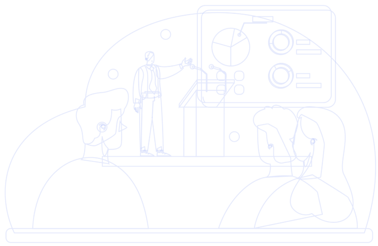 Lineart of people in a conference getting educated